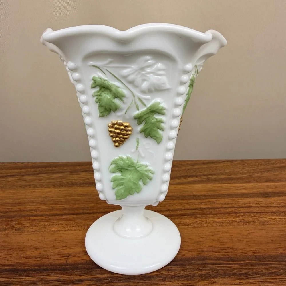 Westmoreland Milk Glass Paneled Grape Vase Hand Painted Green Gold Footed 6.25